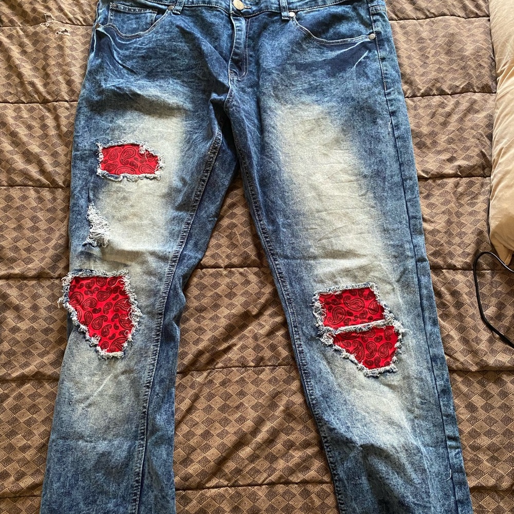 Red Denim Bando Patch Jeans  - Highly Addictive Jeans